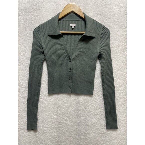 Aerie Ribbed Knit Button-Up Long Sleeve Crop Top SZ XS Minimalist Academia Green - Picture 1 of 8
